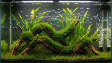 A stunning, wide-angle photorealistic shot of a modern freshwater aquarium teeming with life