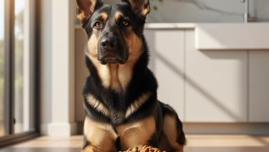 A photorealistic, heartwarming shot of a healthy and happy German Shepherd sitting patiently in a bright, modern kitchen