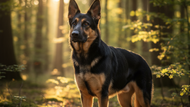 A photorealistic, majestic adult German Shepherd standing proudly in a sun-dappled forest clearing during golden hour