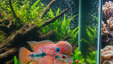 A stunning, photorealistic macro shot of a vibrant aquarium ecosystem