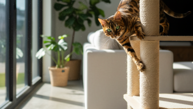 A stunningly beautiful Bengal cat with vivid rosette markings and bright green eyes is the focal point, captured in a bright, modern living room
