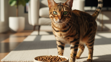 A stunningly photorealistic shot of a healthy Bengal cat with its characteristic rosette-patterned coat, poised elegantly next to a premium ceramic food bowl
