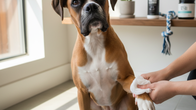 A photorealistic, heartwarming shot of a beautiful fawn-colored Boxer dog sitting patiently on a clean, light grey tiled floor in a bright, modern home