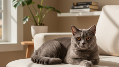 A stunning, photorealistic shot of a pedigreed blue-gray British Shorthair cat resting elegantly on a plush, cream-colored sofa in a bright, modern living room