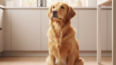 A photorealistic, heartwarming shot of a healthy Golden Retriever in a bright, modern kitchen