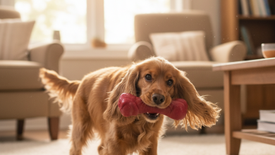 A beautiful, happy golden-brown Cocker Spaniel is playfully engaged with a durable red chew toy in a brightly lit, cozy living room
