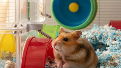 A photorealistic, close-up shot of a happy and healthy Syrian hamster inside a colorful Dayang hamster cage