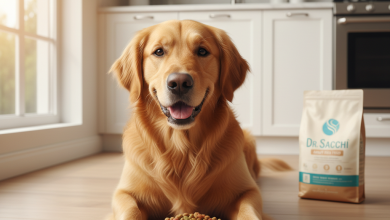 A photorealistic shot of a healthy and happy adult golden retriever in a bright, modern kitchen