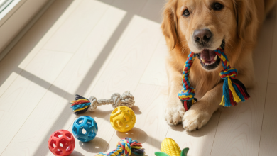 A photorealistic, bright, and cheerful overhead shot of various durable Eastland dog toys scattered on a clean, light-colored wooden floor