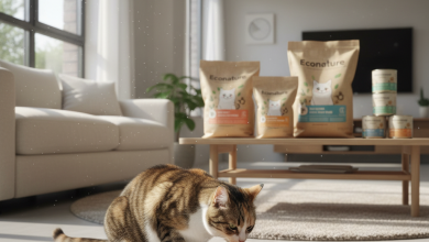 A photorealistic, bright, and airy shot of a healthy, content domestic shorthair cat eating from a ceramic bowl filled with dry kibble