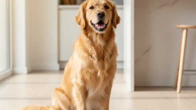 A photorealistic, heartwarming shot of a happy Golden Retriever sitting patiently next to its food bowl in a bright, modern kitchen