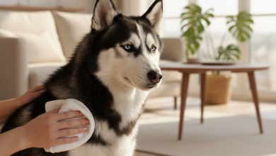 A beautiful, photorealistic image of a Siberian Husky being gently groomed