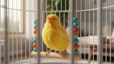 A highly detailed, photorealistic shot of a vibrant yellow canary inside a clean, modern birdcage