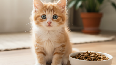 A photorealistic, bright, and heartwarming close-up shot of a fluffy, curious 3-month-old kitten (a mix of ginger and white) looking directly at the camera with wide, inquisitive blue eyes