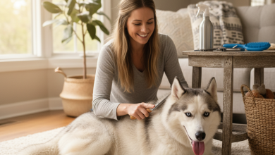 A photorealistic, high-resolution shot of a beautiful Siberian Husky being gently groomed by its owner in a bright, cozy living room