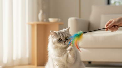 A photorealistic, heartwarming shot of a magnificent, long-haired silver Persian cat curiously patting a colorful feather wand toy