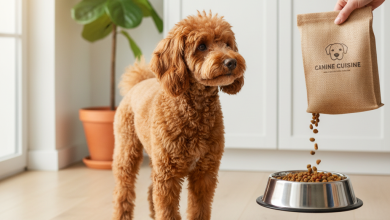 A photorealistic shot of an elegant apricot Poodle standing in a bright, modern kitchen