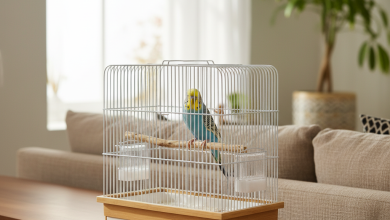 A photorealistic, bright, and cheerful indoor scene focusing on a happy budgerigar inside a modern Kiki Excellent birdcage