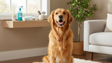 A beautiful, medium-sized Golden Retriever is sitting proudly on a clean, light-colored rug in a bright, modern living room