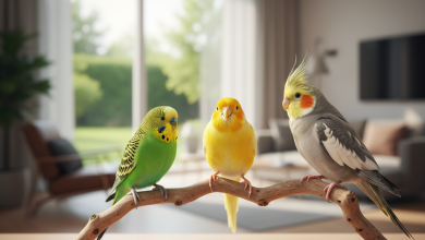 A photorealistic, bright, and airy shot of three small pet birds—a vibrant green budgerigar, a sunny yellow canary, and a soft grey cockatiel—perched on a natural wooden branch