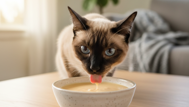 A beautifully lit indoor scene focusing on a healthy, elegant adult cat (perhaps a Siamese or a sleek shorthair) eagerly licking a creamy, light-colored liquid treat from a small, stylish ceramic bowl