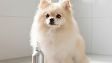 A photorealistic, high-quality image of a fluffy, cream-colored Pomeranian sitting patiently on a plush, light grey mat