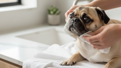 A photorealistic, heartwarming close-up shot of a fawn Pug sitting patiently on a plush white towel in a brightly lit, modern bathroom