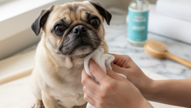 A bright, cheerful close-up shot of a fawn-colored Pug enjoying a gentle grooming session