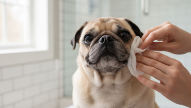 A close-up, photorealistic shot of a happy and content fawn Pug