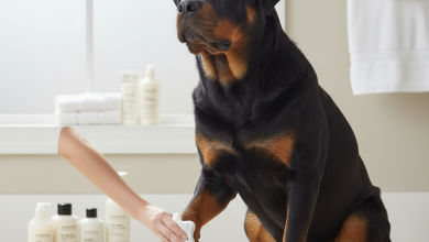 A photorealistic, heartwarming shot of a magnificent adult Rottweiler with a glossy black and tan coat, sitting patiently on a light-colored tiled floor