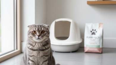 A beautiful, healthy Scottish Fold cat with grey tabby markings and signature folded ears sits elegantly in a pristine, modern home interior