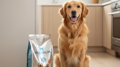 A photorealistic, bright, and airy shot of a happy Golden Retriever sitting patiently on a clean, modern kitchen floor