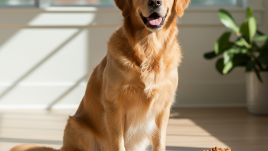 A photorealistic shot of a healthy and happy adult Golden Retriever sitting patiently on a clean hardwood floor in a bright, modern living room