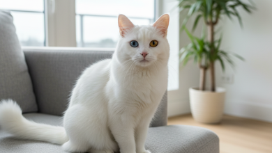 A stunningly beautiful, pure white Van cat with heterochromia—one piercing blue eye and one warm amber eye—sits elegantly in a brightly lit, modern living room