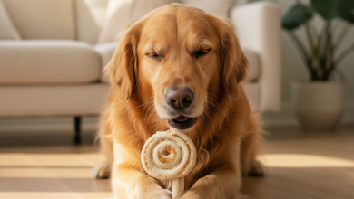 A photorealistic, heartwarming close-up shot of a healthy, happy Golden Retriever sitting on a clean, light-colored wooden floor in a brightly lit, modern living room
