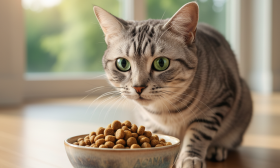 A photorealistic, high-resolution shot of a healthy and beautiful silver tabby cat with striking green eyes