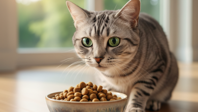 A photorealistic, high-resolution shot of a healthy and beautiful silver tabby cat with striking green eyes