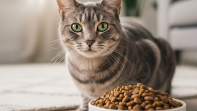 A stunningly photorealistic shot of a healthy adult domestic shorthair cat with a glossy grey tabby coat, sitting elegantly next to a pristine white ceramic bowl filled with Acana dry kibble