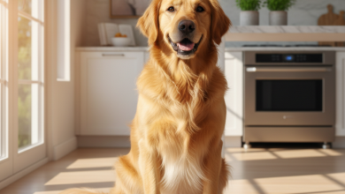 A photorealistic shot of a happy, healthy Golden Retriever sitting patiently in a bright, modern kitchen