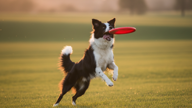 A stunning, photorealistic shot of a black and white Border Collie in a moment of pure joy and athleticism