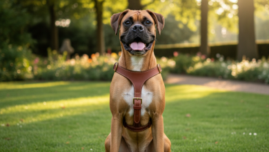 A photorealistic, high-resolution shot of a happy, fawn-colored Boxer dog sitting proudly on a lush green lawn