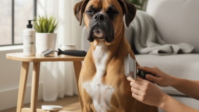 A highly detailed, photorealistic image of a beautiful fawn-colored Boxer dog being gently groomed by its owner