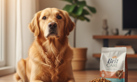 A photorealistic shot of a healthy, happy adult Golden Retriever sitting patiently beside a pristine white ceramic bowl filled with high-quality kibble