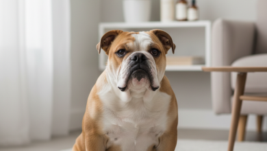 A photorealistic, heartwarming shot of a fawn and white English Bulldog sitting proudly on a clean, light grey rug in a brightly lit, modern living room