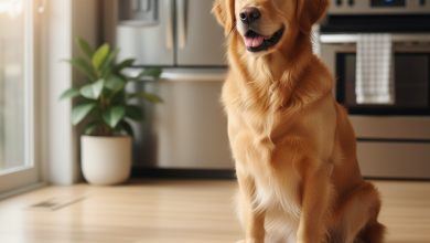 A photorealistic, heartwarming shot of a healthy and happy adult golden retriever sitting patiently in a bright, modern kitchen