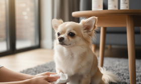 A photorealistic, heartwarming shot of a well-groomed long-haired Chihuahua sitting calmly on a plush, light gray rug in a bright, modern living room