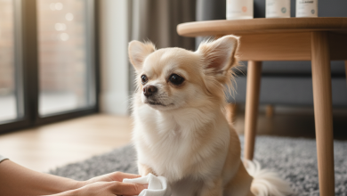 A photorealistic, heartwarming shot of a well-groomed long-haired Chihuahua sitting calmly on a plush, light gray rug in a bright, modern living room