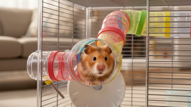 A photorealistic, heartwarming close-up shot of a fluffy golden Syrian hamster inside a modern and clean Dayang hamster cage