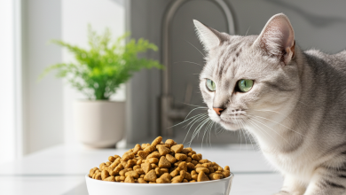 A photorealistic, bright and airy shot of a sleek, healthy adult cat, perhaps a Silver Tabby, looking intently at a pristine white ceramic bowl filled with Dr