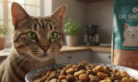 A photorealistic close-up shot of a healthy, beautiful domestic shorthair cat with striking green eyes, eagerly looking at a ceramic bowl filled with Dr